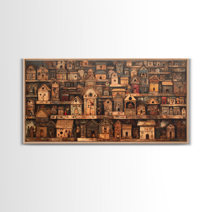 Rustic African Village Birdhouse Houses Wall Art, Tribal Architecture Canvas, Earth Tone Cultural Home Decor Gift For Living Room