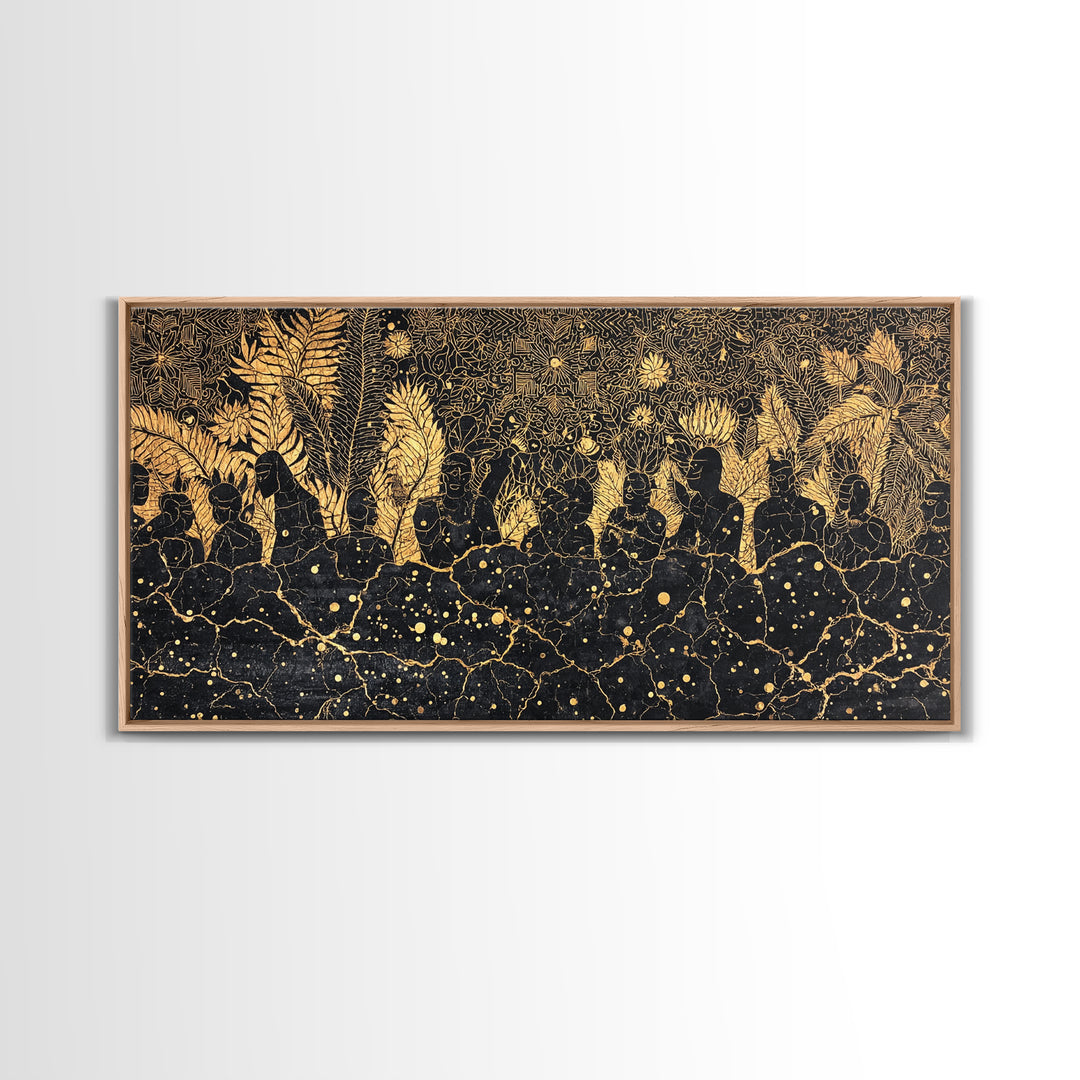 Golden African Women In Jungle Foliage Canvas Print, Black Gold Afrocentric Wall Decor, Tribal Culture Art For Living Room