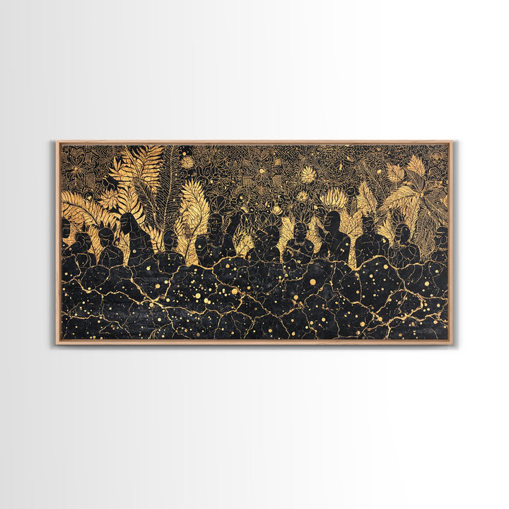 Golden African Women In Jungle Foliage Canvas Print, Black Gold Afrocentric Wall Decor, Tribal Culture Art For Living Room