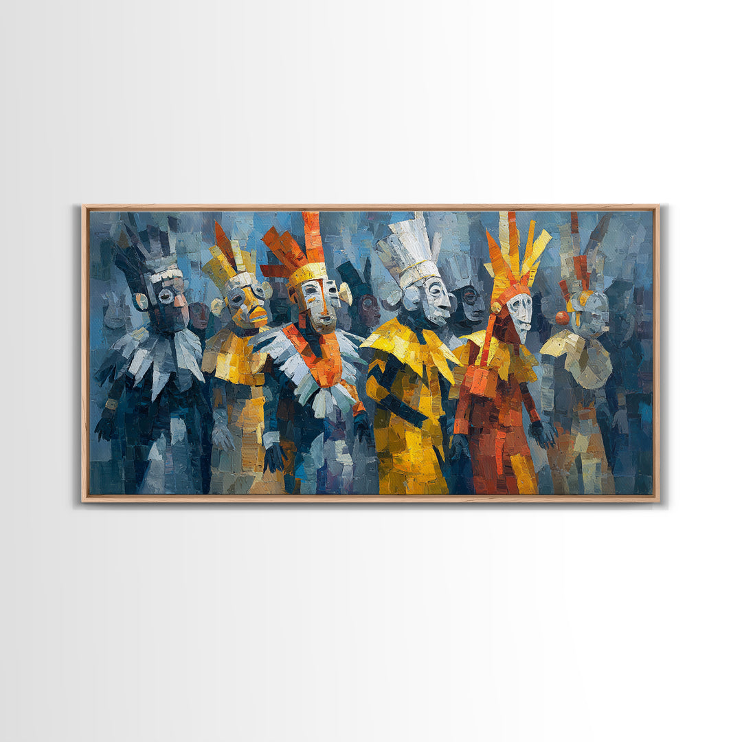 Cubist African Masked Warriors Canvas Print, Ceremonial Tribal Queen Wall Decor, Modern African Art For Bold Home Decor Gift