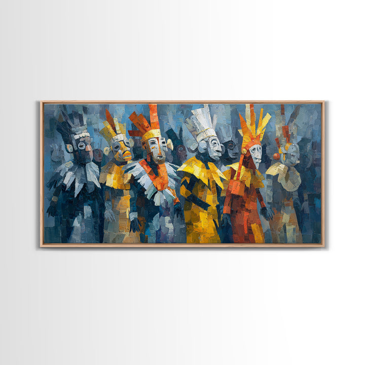 Cubist African Masked Warriors Canvas Print, Ceremonial Tribal Queen Wall Decor, Modern African Art For Bold Home Decor Gift