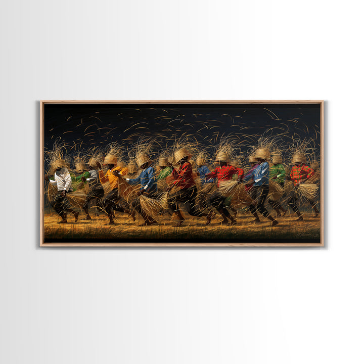 Dynamic African Dancers With Golden Straw Canvas Print, Motion Filled Tribal Wall Decor, Black Gold Cultural Art Gift For Home
