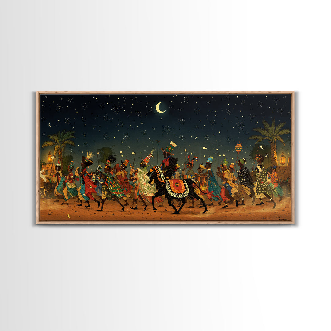 Moonlit African Camel Procession Wall Art, Desert Festival Painting, African Safari Art, Cultural Decor For Living Room Gift
