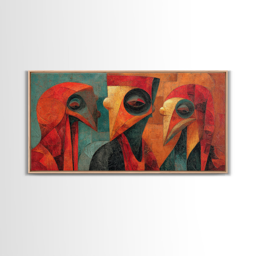 Cubist African Bird Mask Trio Wall Art, Abstract African Art, Modern Tribal Portrait, Burnt Orange Decor Canvas Print Gift