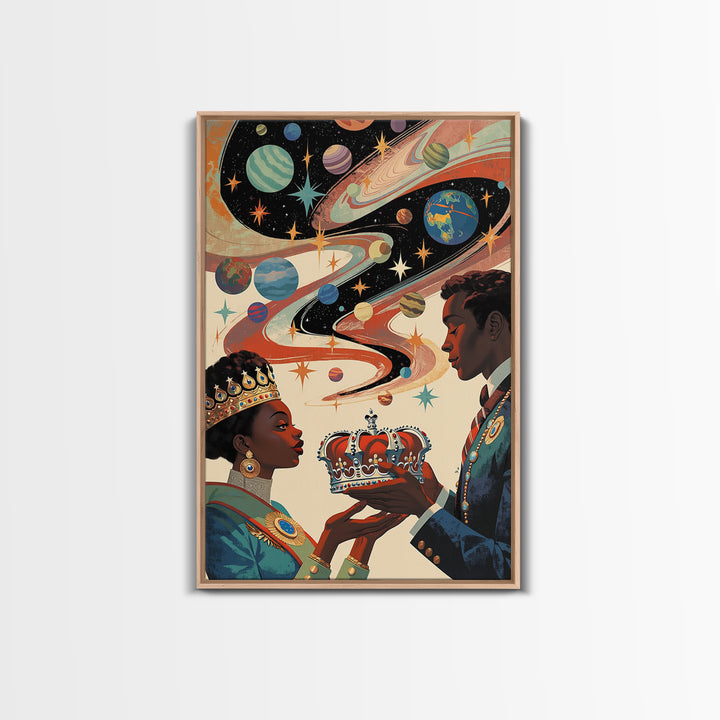 Afrofuturist Royal Couple Wall Art, Cosmic African Queen And King Canvas Print, Black Love Decor, Planets Crown Home Gift