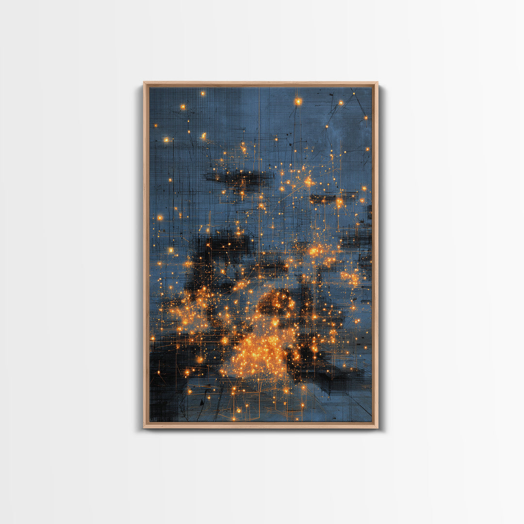 Blue Abstract City Lights Wall Art, Gold Spark Modern Canvas Print, Urban Office Decor, Dreamy Digital Art Luxury Home Gift