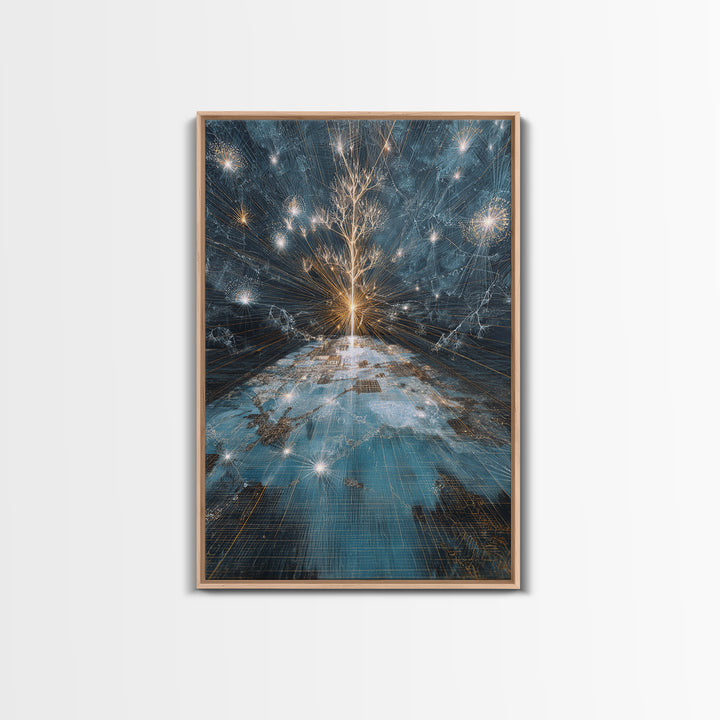 Glowing White Tree Canvas Print, Blue Celestial Wall Art, Spiritual Nature Scene Art, Modern Office Decor, Unique Home Gift