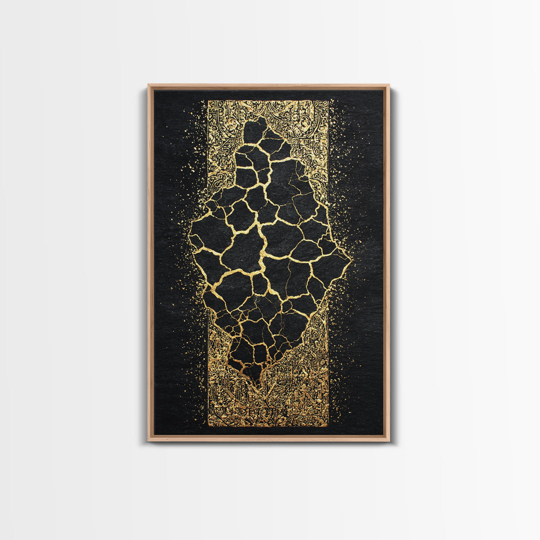 Cracked Gold African Map On Black Canvas Print, Abstract African Art, Black And Gold Art, Cultural Wall Decor Gift For Home