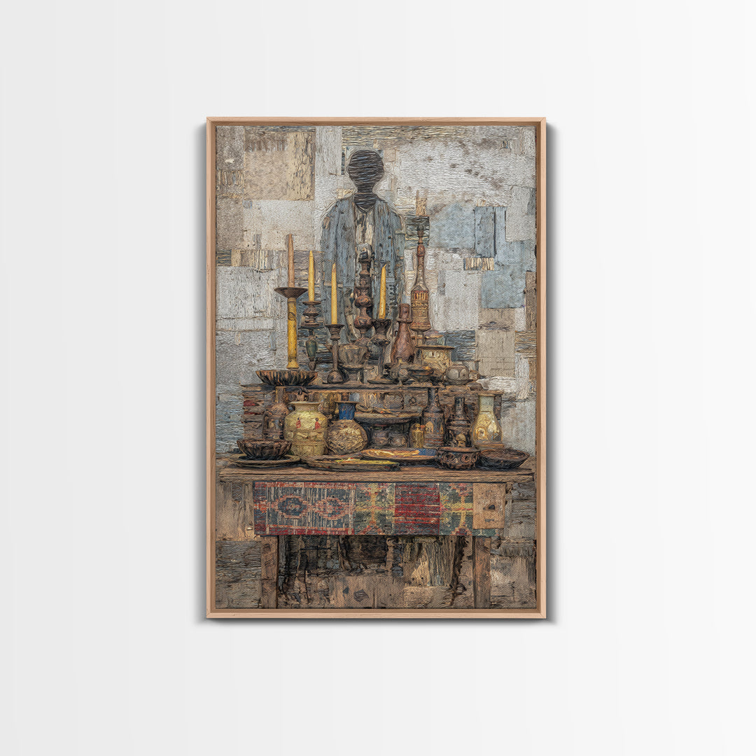 Textured Ancestral Altar With Candles Framed Canvas Print, African Art Decor, Spiritual Wall Art, Ethnic Home Decor Gift