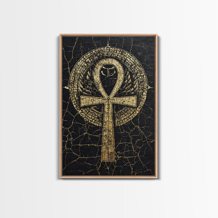 Gold Ankh Symbol On Cracked Black Framed Canvas Print, African Egyptian Art, Spiritual Wall Art, Black And Gold Design Gift