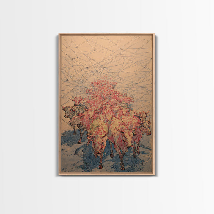 Red Line Cattle Herd Migration Canvas Print, African Animal Art, Rustic Farmhouse Decor, Cultural Wall Art Gift For Living Room