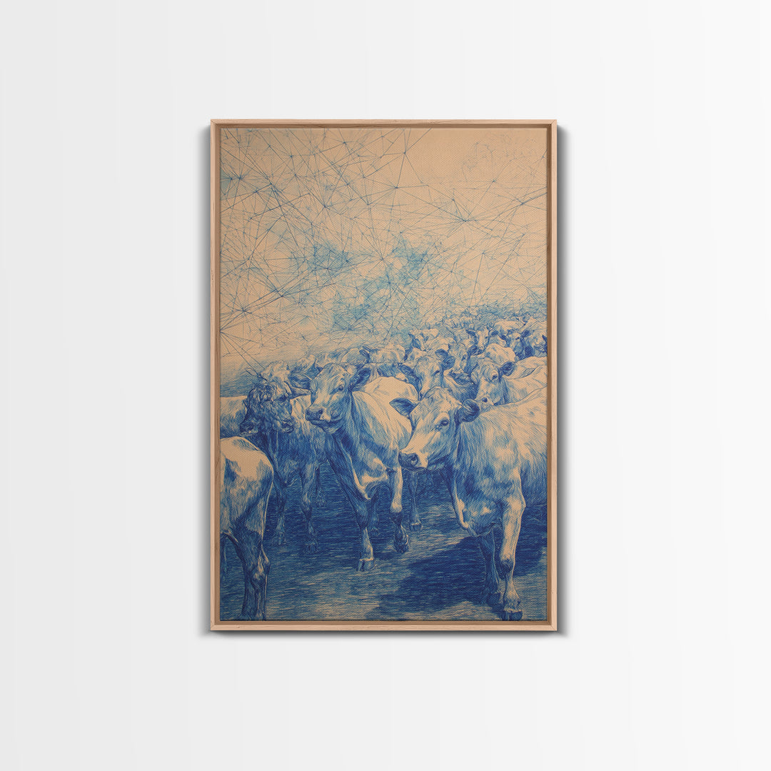 Blue Cattle Herd Network Sketch Wall Art, African Animal Art, Safari Art, Rustic Home Decor, Unique Canvas Gift For Office Decor