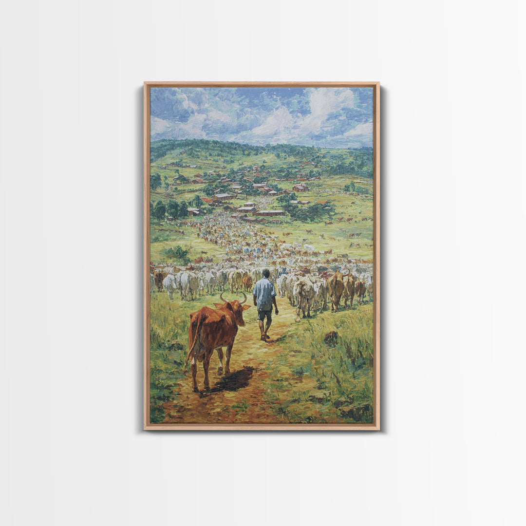 Pastoral Cattle Drive To Village Landscape Wall Art, African Landscape, Safari Decor, Farmhouse Home Decor Gift For Living Room