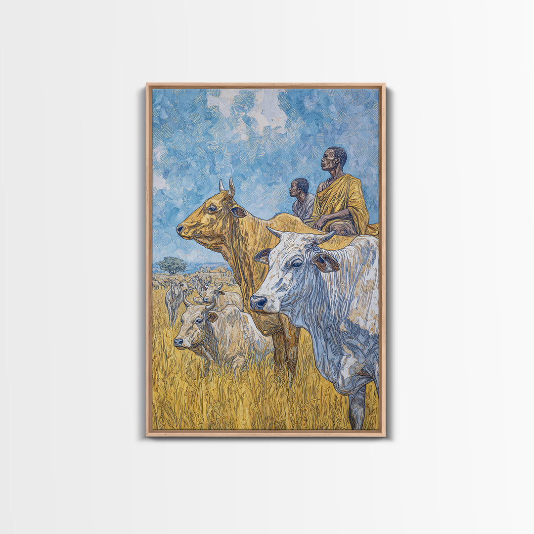 Pastoral African Cattle Herders In Golden Grass Wall Art, Afrocentric Safari Decor, African Landscape Print, Cultural Home Decor