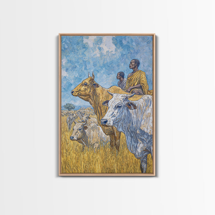 Pastoral African Cattle Herders In Golden Grass Wall Art, Afrocentric Safari Decor, African Landscape Print, Cultural Home Decor