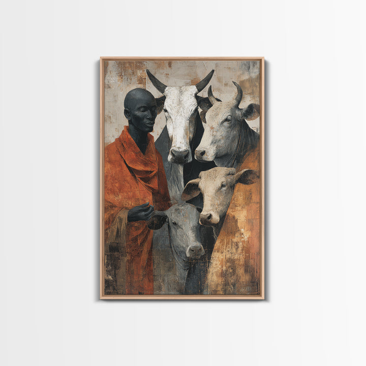 Maasai Herder With White Cattle Framed Canvas Print, African Portrait Wall Decor, Rustic Safari Art, Afrocentric Home Decor