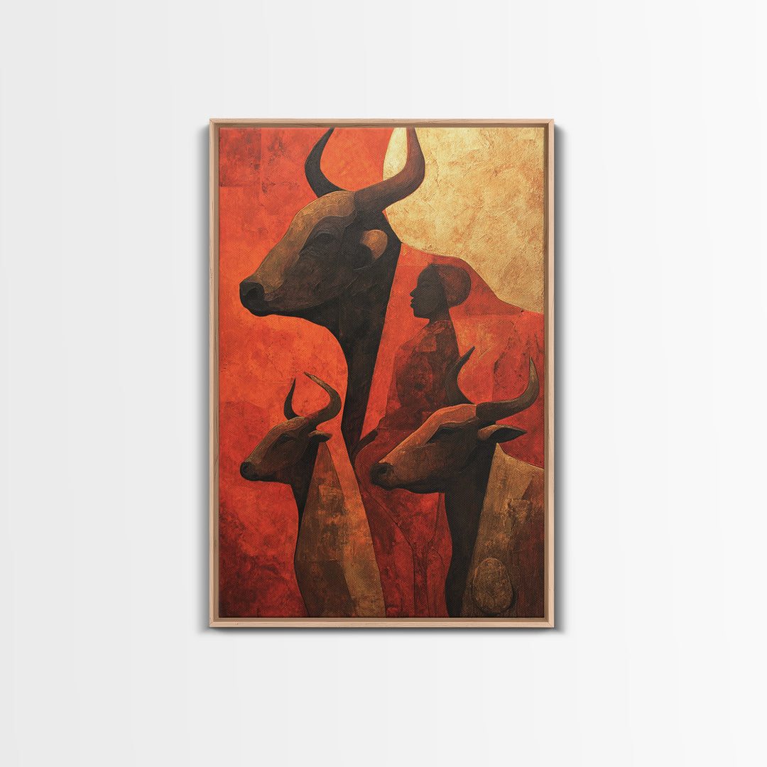 Ochre African Woman With Longhorn Cattle Canvas Print, Tribal Wall Decor, Modern African Art, Burnt Orange Safari Home Decor
