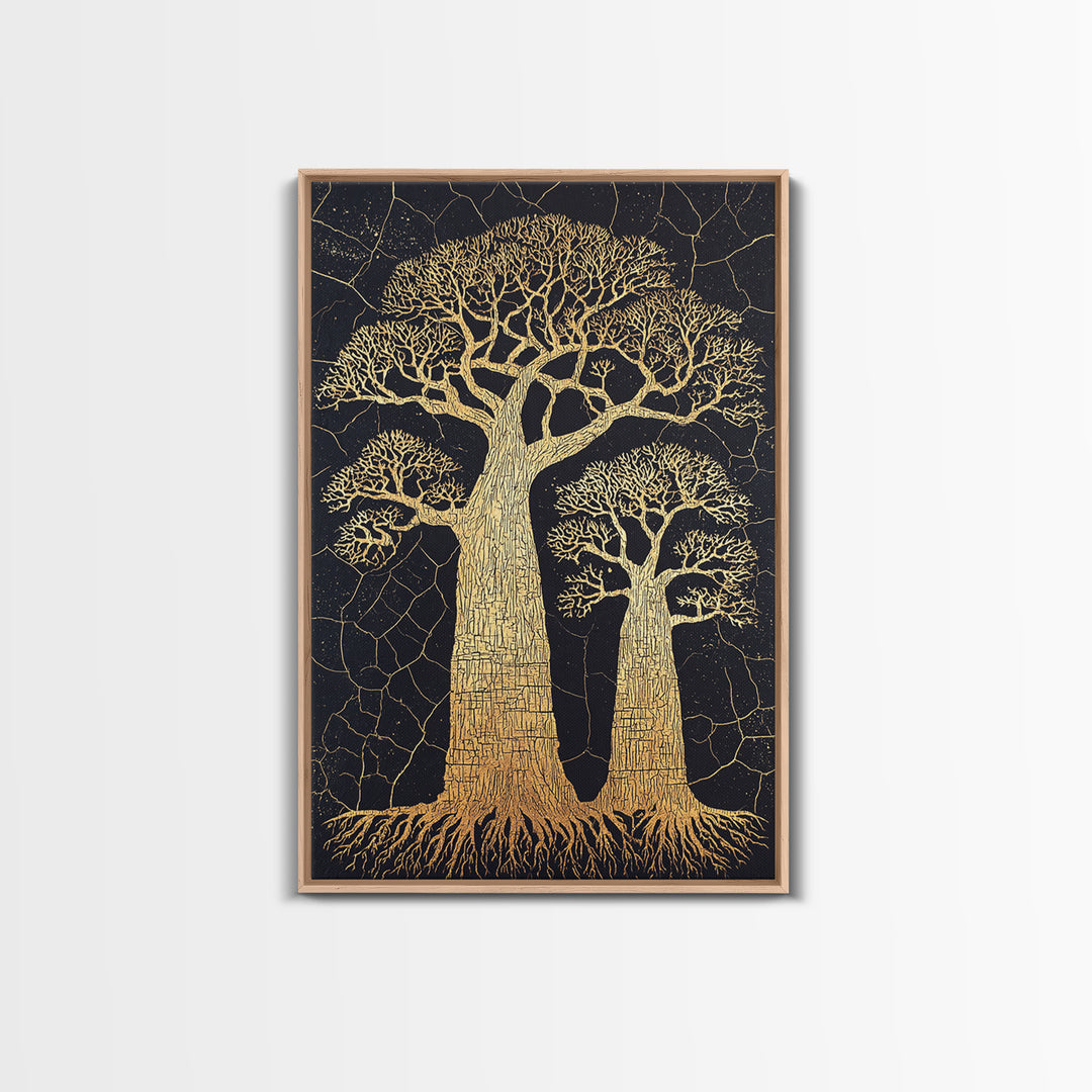 Golden Baobab Trees On Black Cracked Ground Wall Art, African Landscape Print, Botanical Safari Decor, Earth Tone Home Decor