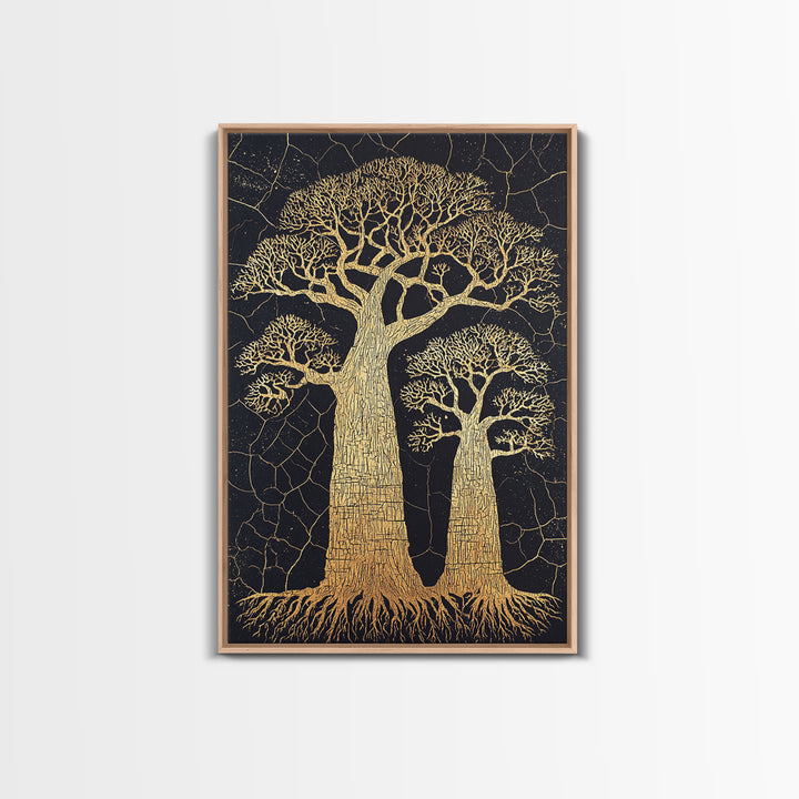 Golden Baobab Trees On Black Cracked Ground Wall Art, African Landscape Print, Botanical Safari Decor, Earth Tone Home Decor