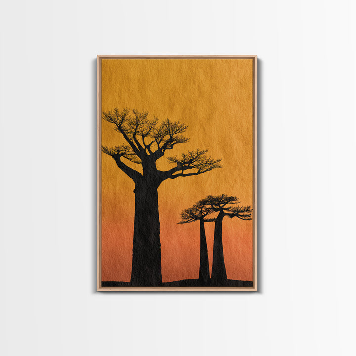 Black Baobab Silhouettes At Orange Sunset Canvas Print, African Tree Wall Decor, Minimalist Safari Art, Warm Boho Home Decor