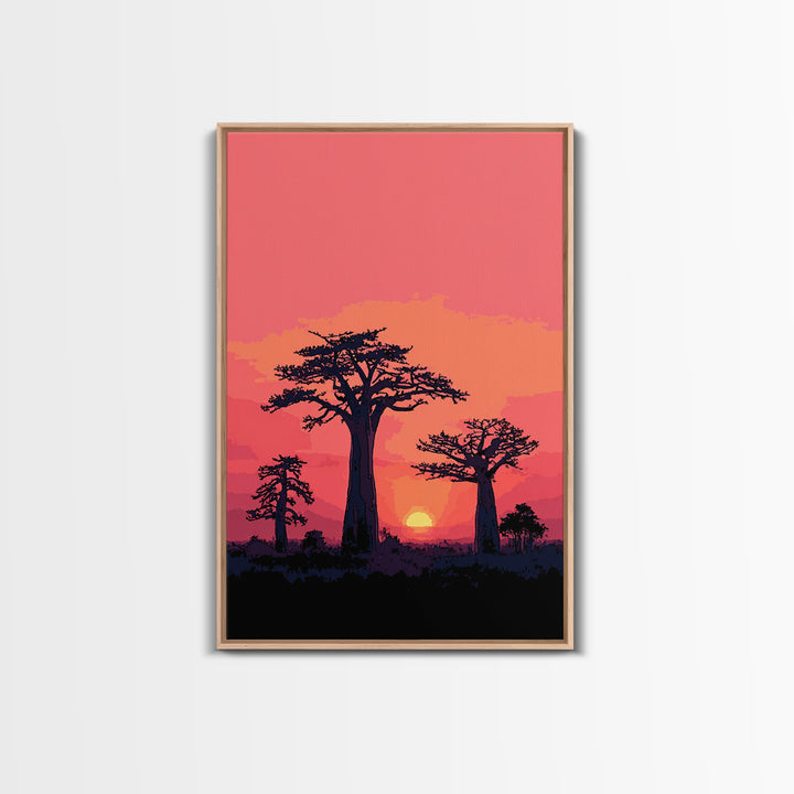 Pink Sunset Baobab Grove Silhouette Canvas Print, Madagascar Wall Art Decor, African Landscape Poster, Modern Safari Home Decor