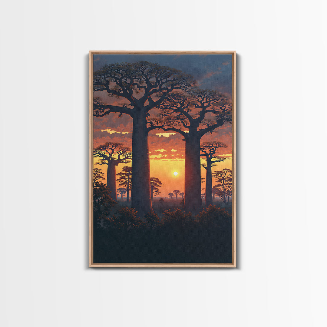 Dramatic Baobab Forest At Dusk Framed Canvas Print, African Safari Wall Decor, Serengeti Landscape Art, Nature Scene Decor