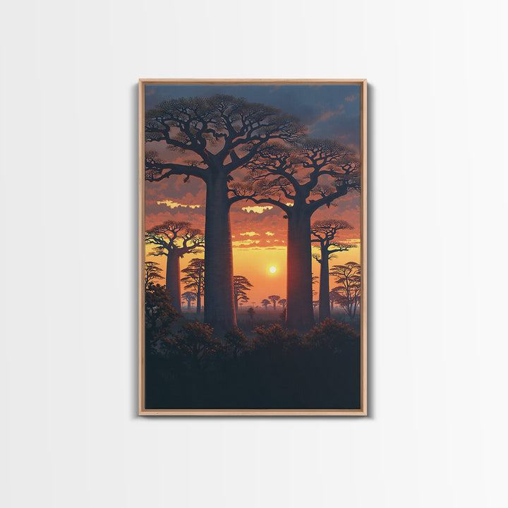 Dramatic Baobab Forest At Dusk Framed Canvas Print, African Safari Wall Decor, Serengeti Landscape Art, Nature Scene Decor