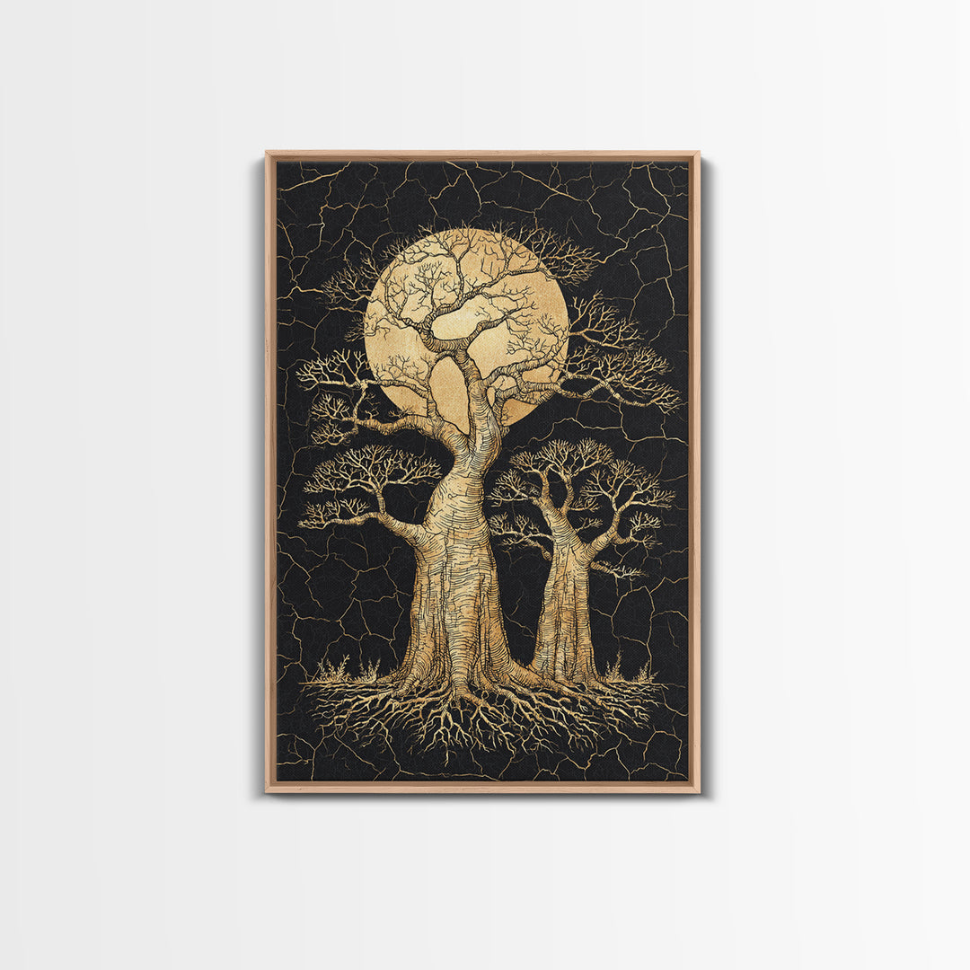 Golden Baobab Moon Tree Wall Art, African Landscape, Black And Gold Decor, Motherland Nature Canvas, Boho Safari Gift, Statement Piece