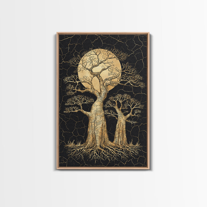 Golden Baobab Moon Tree Wall Art, African Landscape, Black And Gold Decor, Motherland Nature Canvas, Boho Safari Gift, Statement Piece
