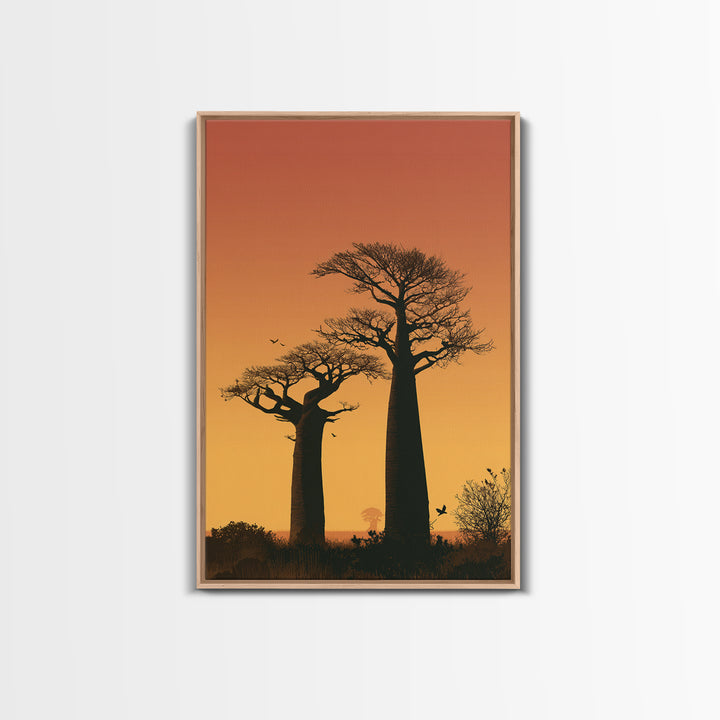 Two Tall Baobab Trees Wall Art, African Sunset Landscape, Madagascar Travel Poster, Orange Safari Decor, Nature Canvas Gift