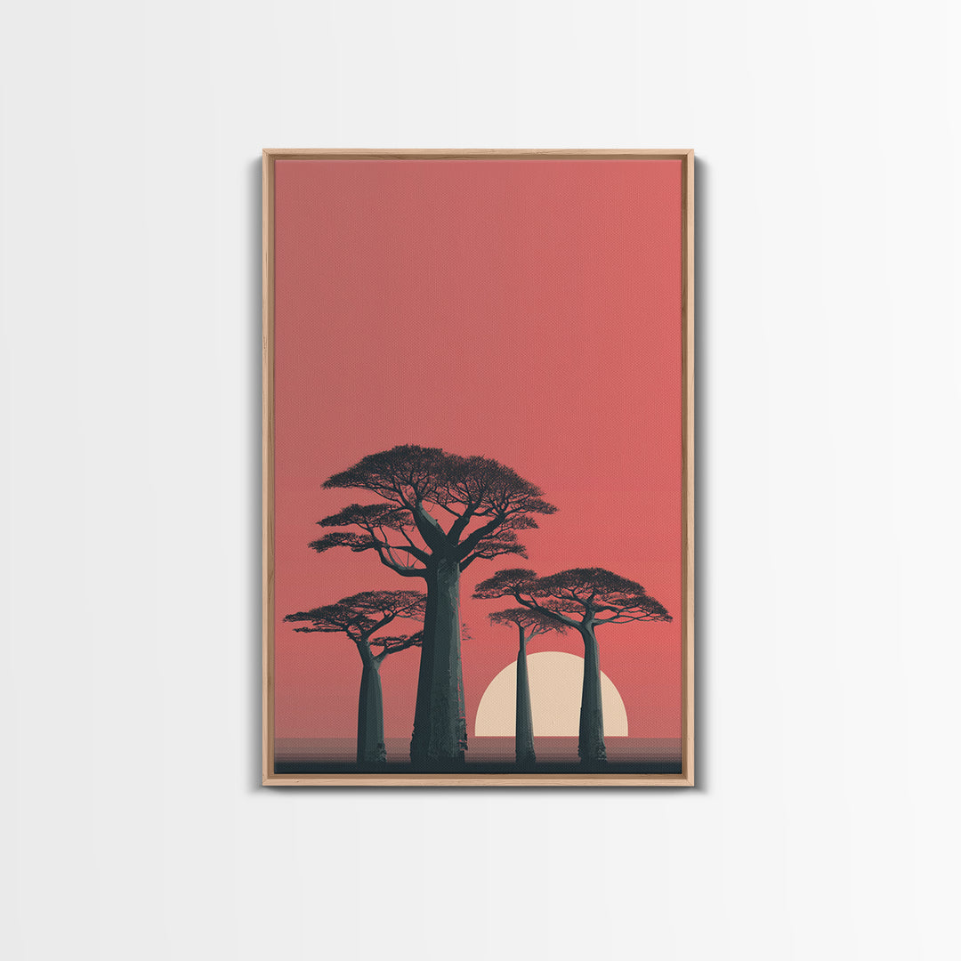 Minimalist Pink Baobab Sunset Canvas Print, African Landscape Wall Decor, Modern Safari Poster, Boho Bedroom Art Gift For Her