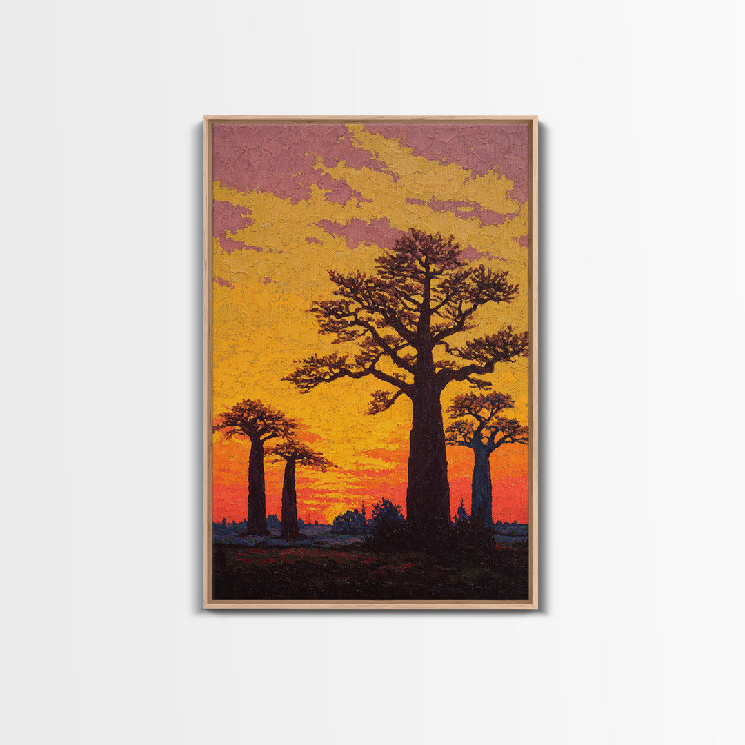 Textured Baobab Sunset Wall Art, African Landscape Painting, Orange Impasto Canvas Print, Safari Decor, Unique Home Gift