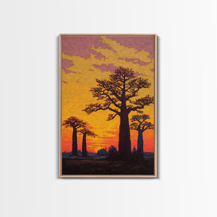 Textured Baobab Sunset Wall Art, African Landscape Painting, Orange Impasto Canvas Print, Safari Decor, Unique Home Gift