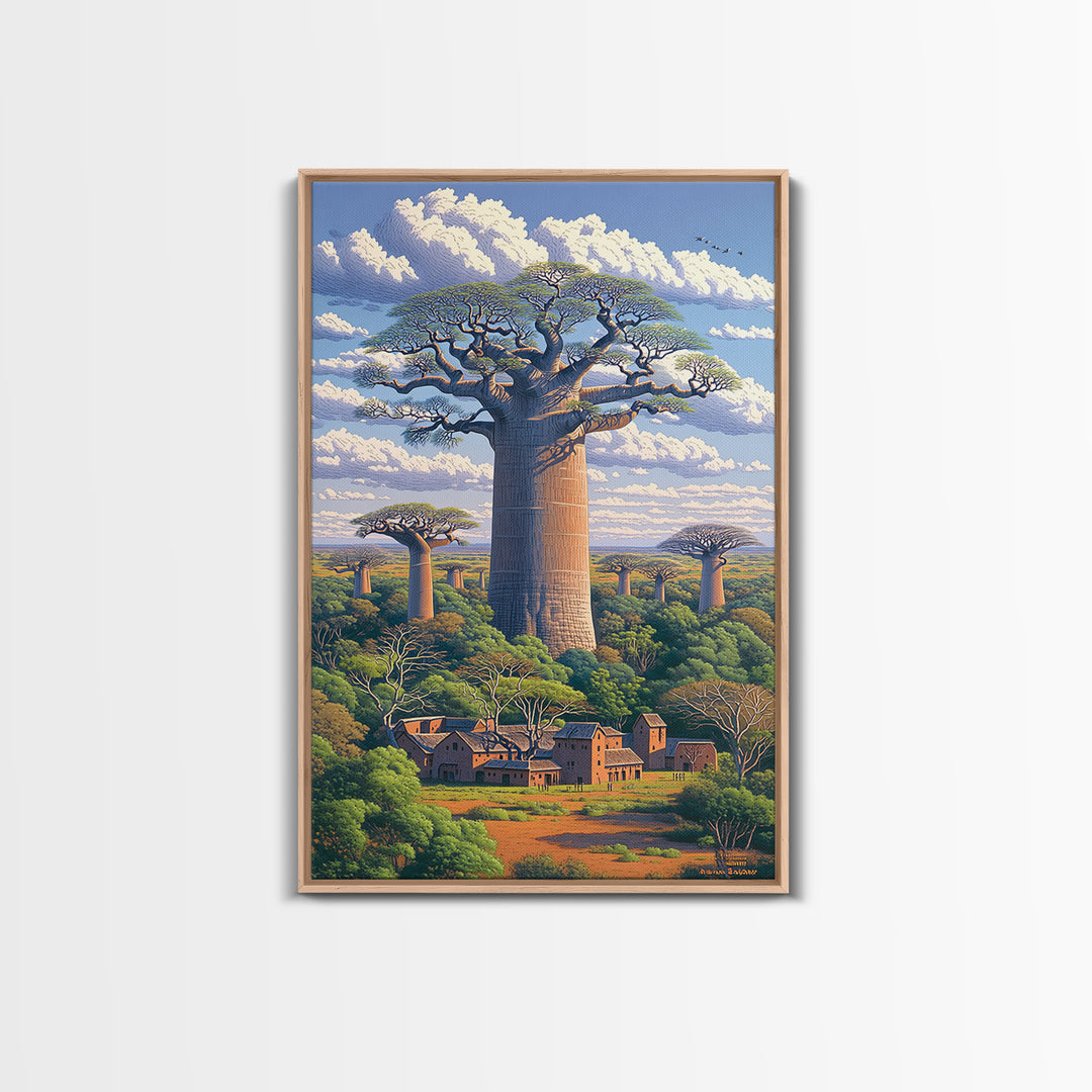 Village Beneath Giant Baobab Wall Art, African Landscape, Madagascar Print, African Home Decor, Large Living Room Art Gift