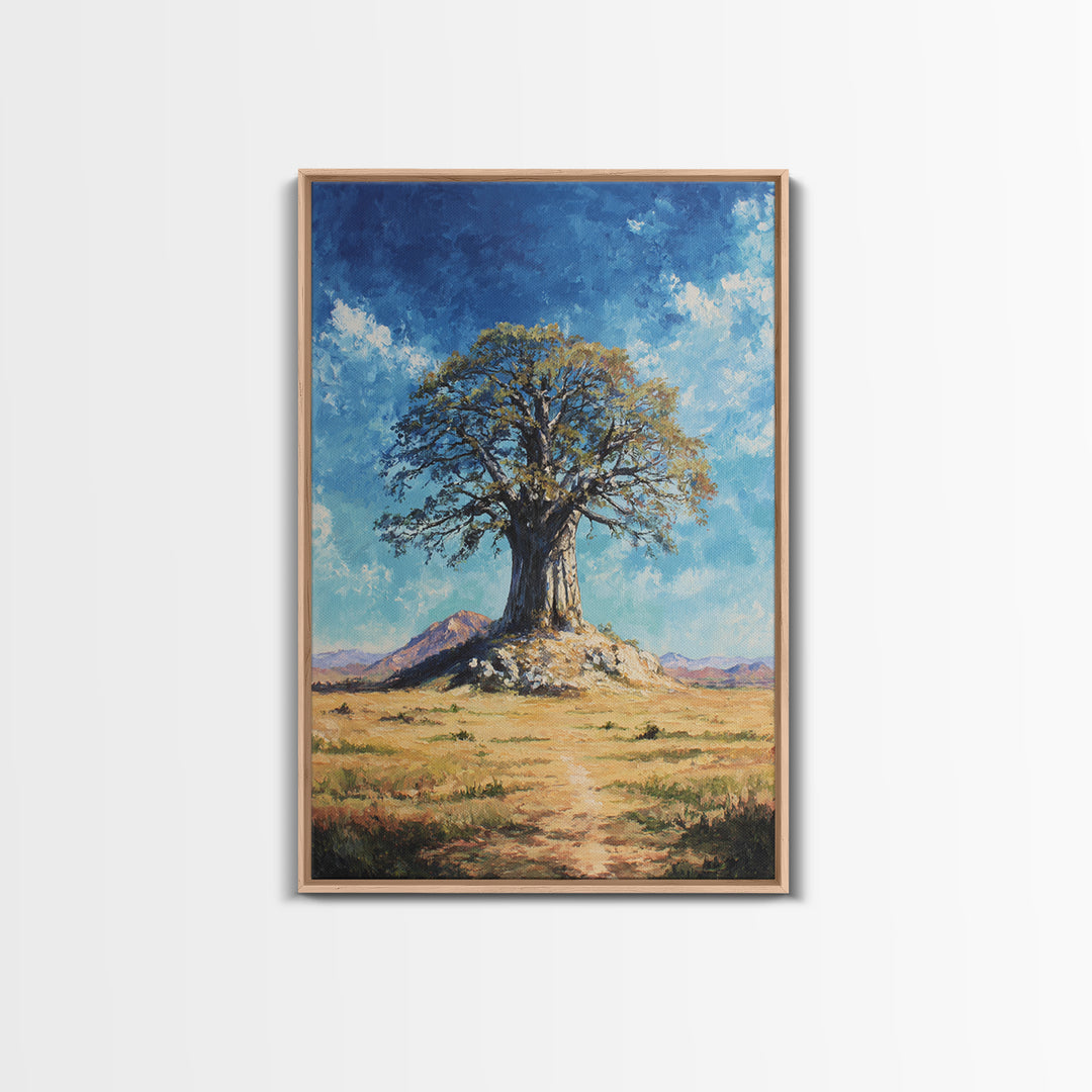 Lone Baobab Desert Path Framed Canvas Print, African Landscape, Blue Sky Painting, Nature Wall Decor, Unique Housewarming Gift