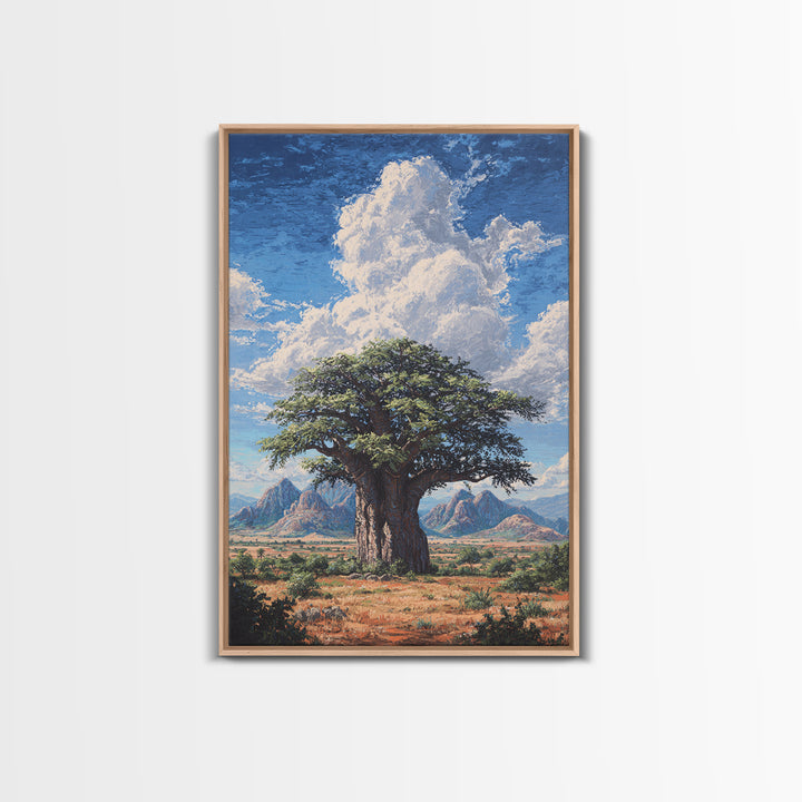 Ancient Baobab Under Towering Clouds Wall Art, African Safari Art, Desert Landscape Painting, Nature Scene Home Decor Gift