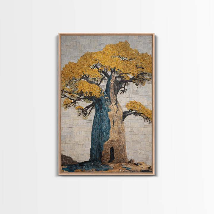 Blue And Gold Baobab Mosaic Framed Canvas Print, African Art Decor, Bold Artwork, Cultural Wall Decor, Statement Piece For Living Room