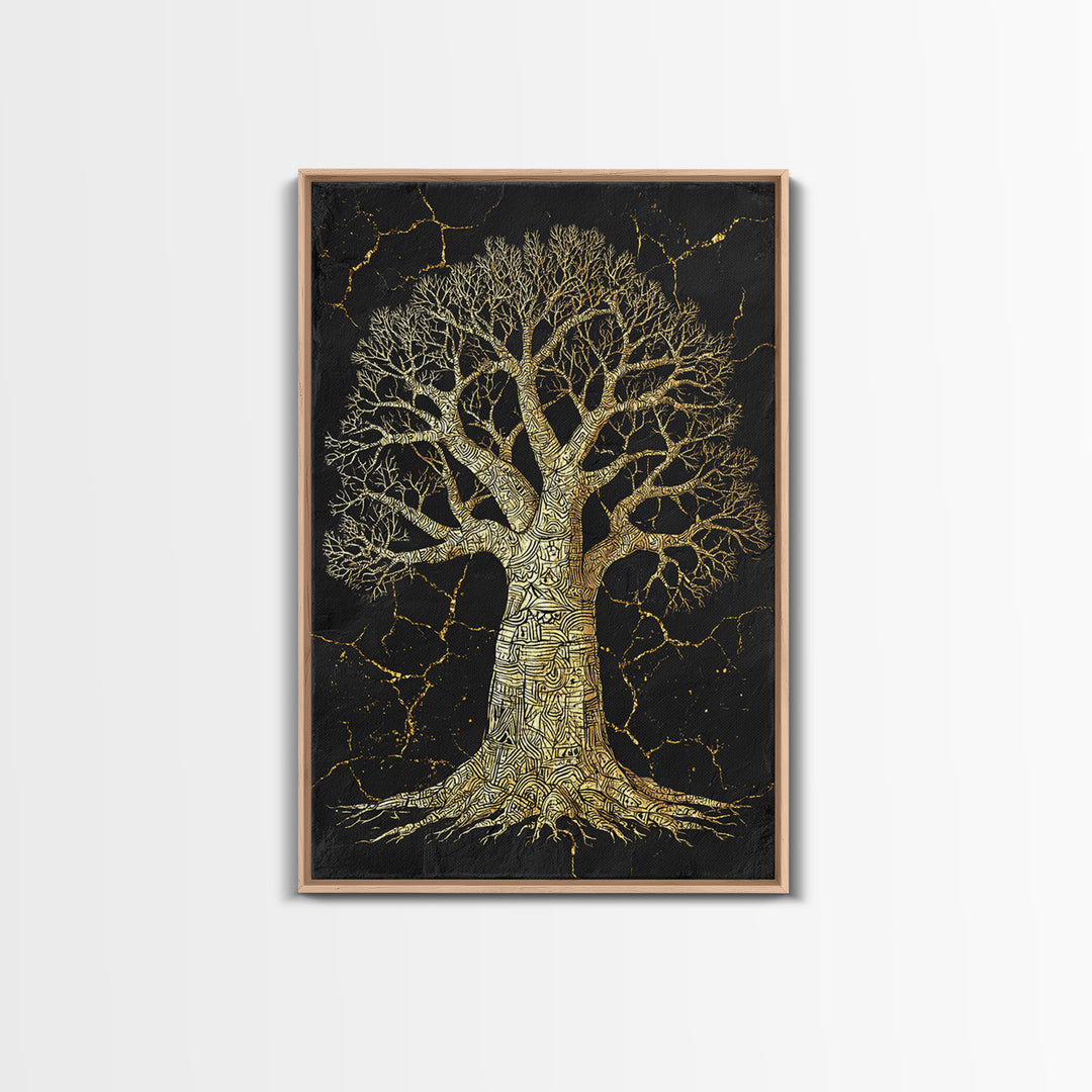 Golden Baobab Tree On Black Stone Wall Art, African Tree Print, Earth Tone Decor, Spiritual Nature Canvas For Living Room