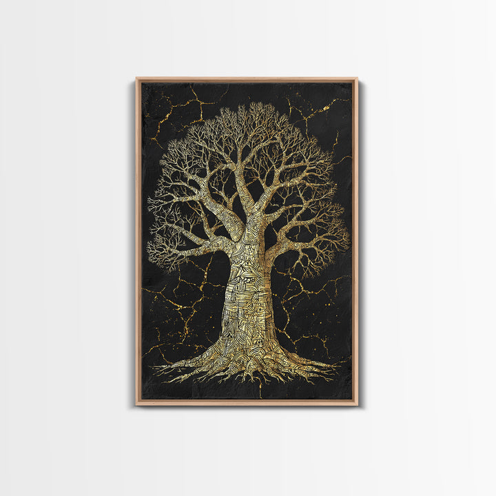 Golden Baobab Tree On Black Stone Wall Art, African Tree Print, Earth Tone Decor, Spiritual Nature Canvas For Living Room