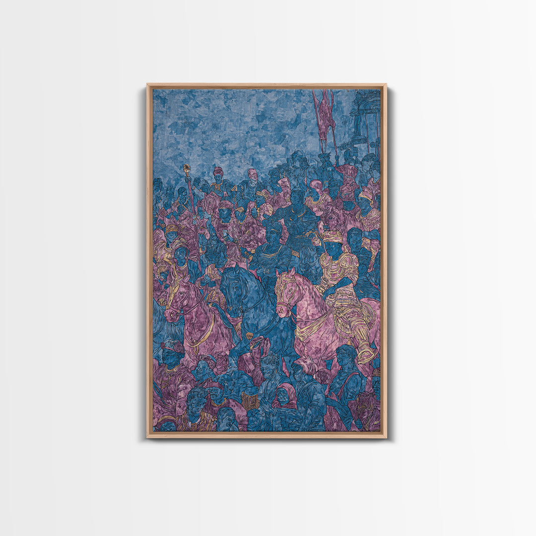 Purple Blue African Cavalry Battle Canvas Print, Warrior Procession Art, Historic Tribal Scene, Bold Statement Wall Decor