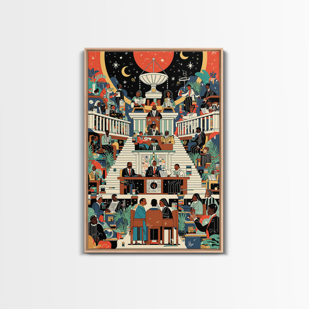 Afrofuturist Civic Assembly Wall Art, Black Culture Illustration, Modern African Decor, Colorful Statement Canvas Print Gift