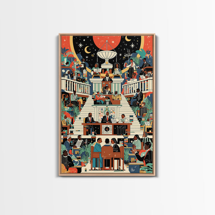 Afrofuturist Civic Assembly Wall Art, Black Culture Illustration, Modern African Decor, Colorful Statement Canvas Print Gift
