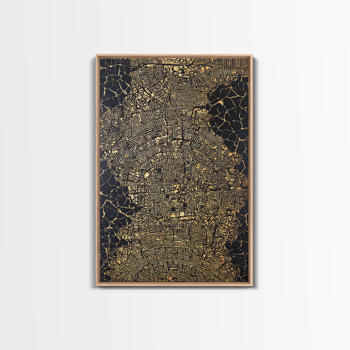 Gold Abstract African City Map Canvas Print, Geometric Tribal Pattern, Black And Gold Wall Art, Modern Office Decor Gift