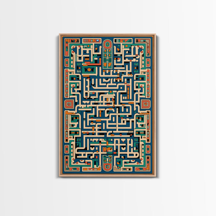 Teal Orange Geometric Maze Glyph Wall Art, African Abstract Pattern, Tribal Art Print, Afrocentric Decor For Living Room