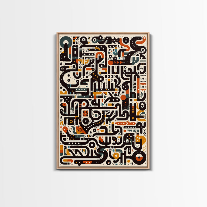 Ivory Black Orange Labyrinth Glyph Wall Art, Modern African Art Abstract, Boho Tribal Decor, Geometric Canvas Print For Home Decor