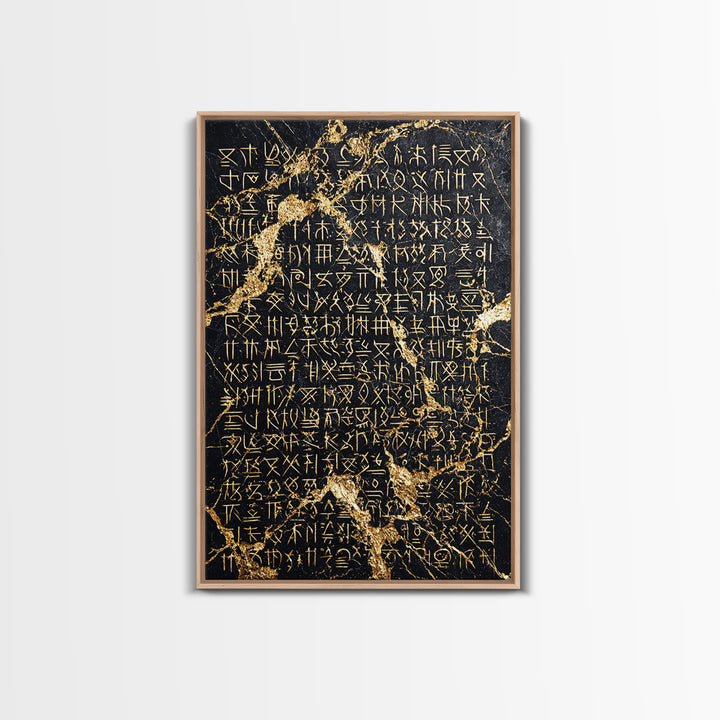 Black Marble Gold Script Wall Art, Ancient African Inspired Symbols, Luxury Abstract Canvas Print, Spiritual Home Decor Gift