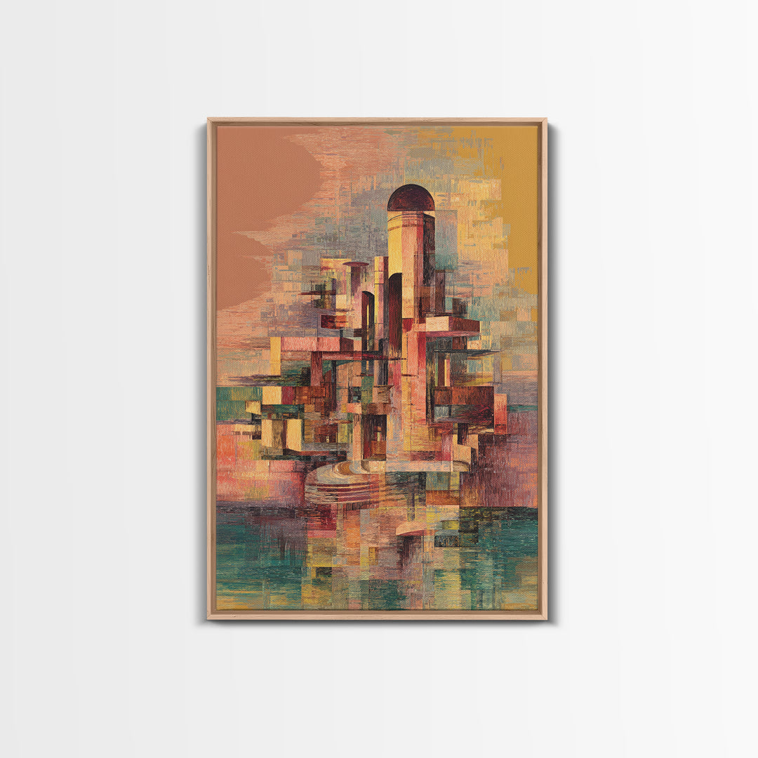 Abstract Futurist Tower City Canvas Print, Modern Geometric Architecture Art, Terracotta Teal Statement Wall Decor Gift For Him