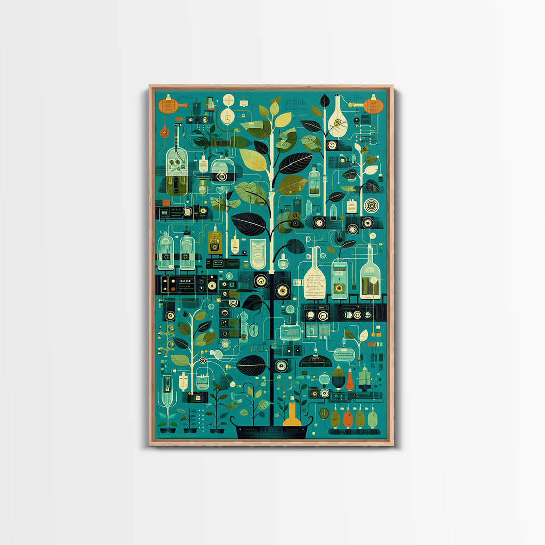 Botanical Science Laboratory Wall Art, Teal Green Plant Illustration, Modern Digital Art For Office Decor And Unique Gift