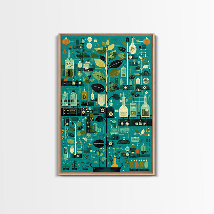Botanical Science Laboratory Wall Art, Teal Green Plant Illustration, Modern Digital Art For Office Decor And Unique Gift