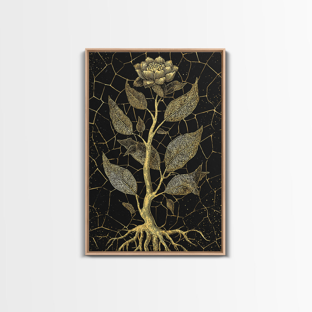 Gold Botanical Rose Canvas Print, Black And Gold Floral Line Art, Elegant Minimalist Wall Decor For Bedroom Home Decor Gift